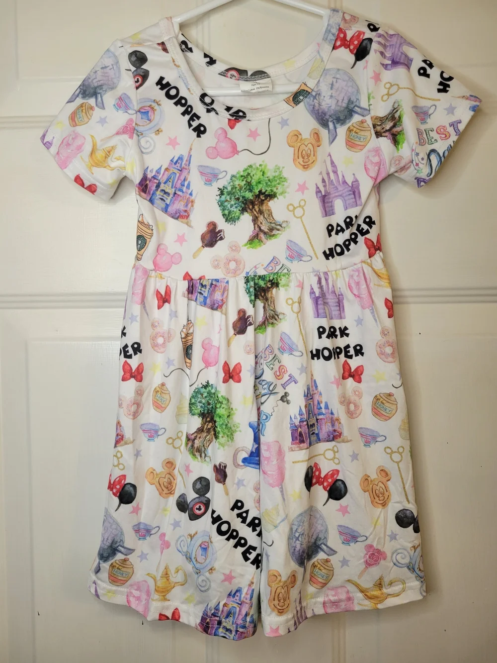 Boutique Disney Themed White Multi-Color Graphic Twirl Dress